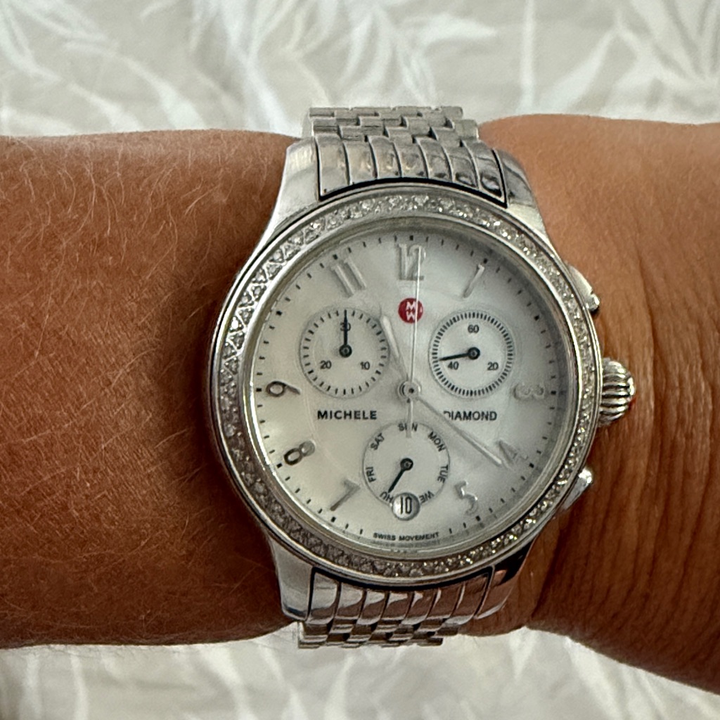 Michele Silver Chronograph Watch With Diamond Accents Michele Silver Chronograph Watch With Diamond Accents